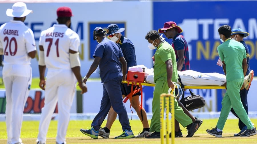 West Indies' debutant Jeremy Solozano taken to hospital for scans after being hit on helmet while fielding