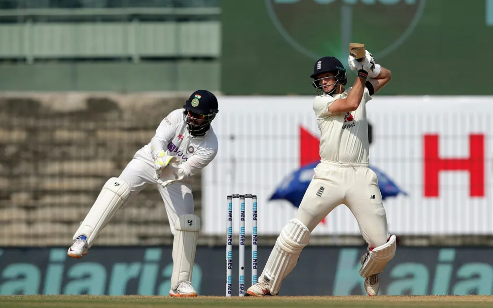 Root playing a shot on the off-side enroute to his maiden double-ton in India