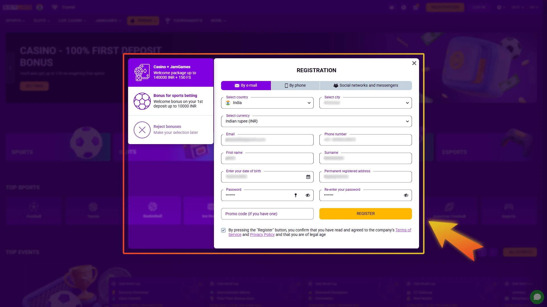Registration can also be completed through Google, Telegram, or Twitch.
